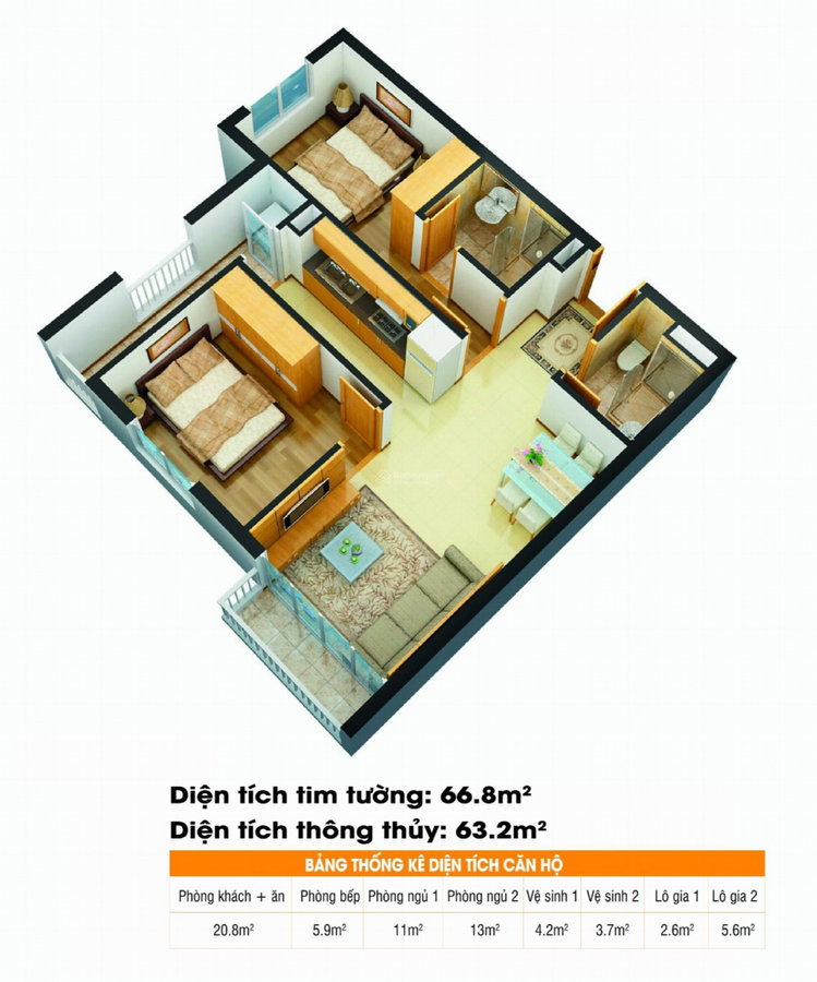 Apartment for sale in Ha Dong, Vietnam · The Golden An Khanh · 2 rooms, 2 baths