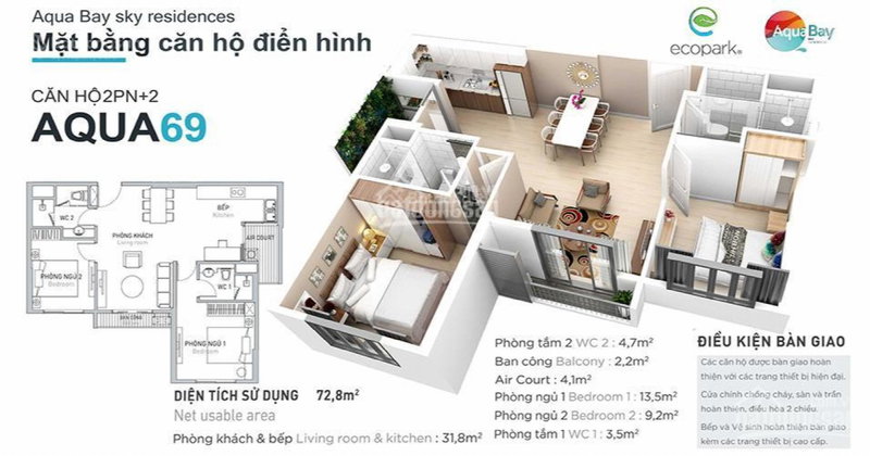 Apartment for sale in Hung Yen, Vietnam · Aqua Bay Sky Residences · 2 rooms, 2 baths