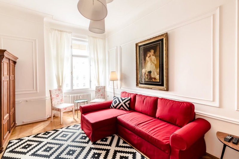Golden Esthetic with Red Sofa Apartment, Budapest, Hungary