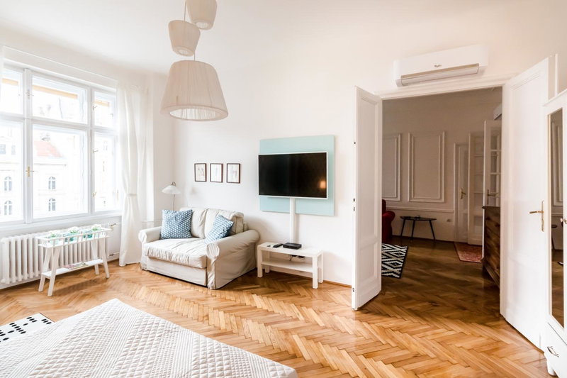 Golden Esthetic with Red Sofa Apartment, Budapest, Hungary